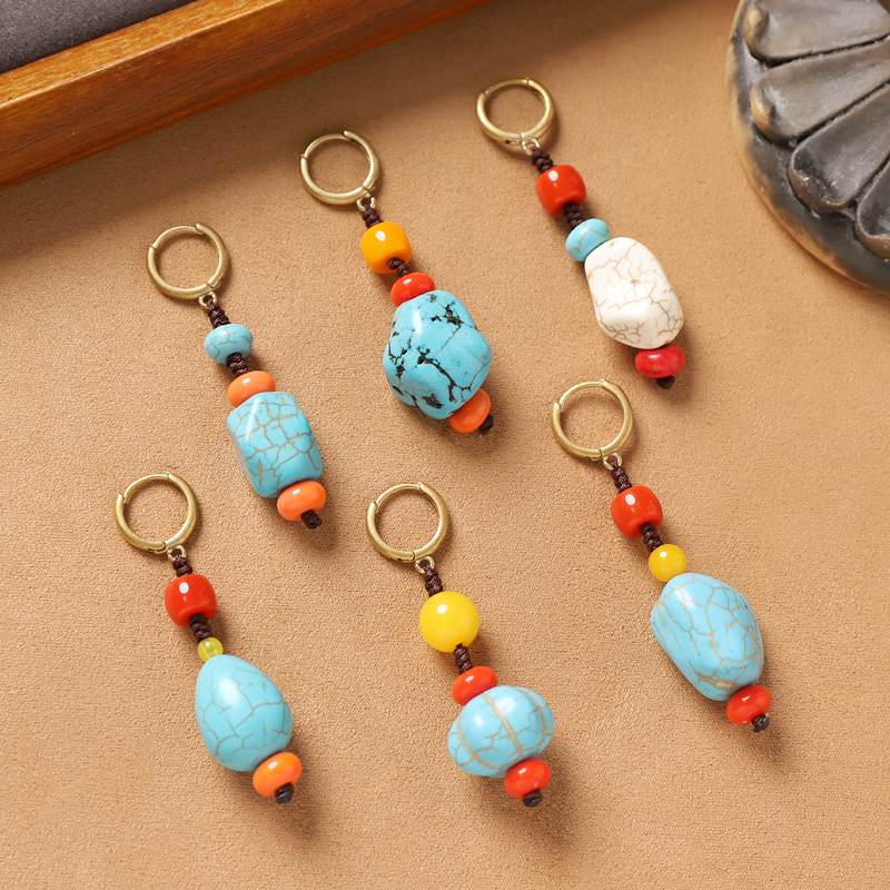 合金耳饰 藏式编织松石耳扣复古耳圈民族风男个性藏族丁真耳环女