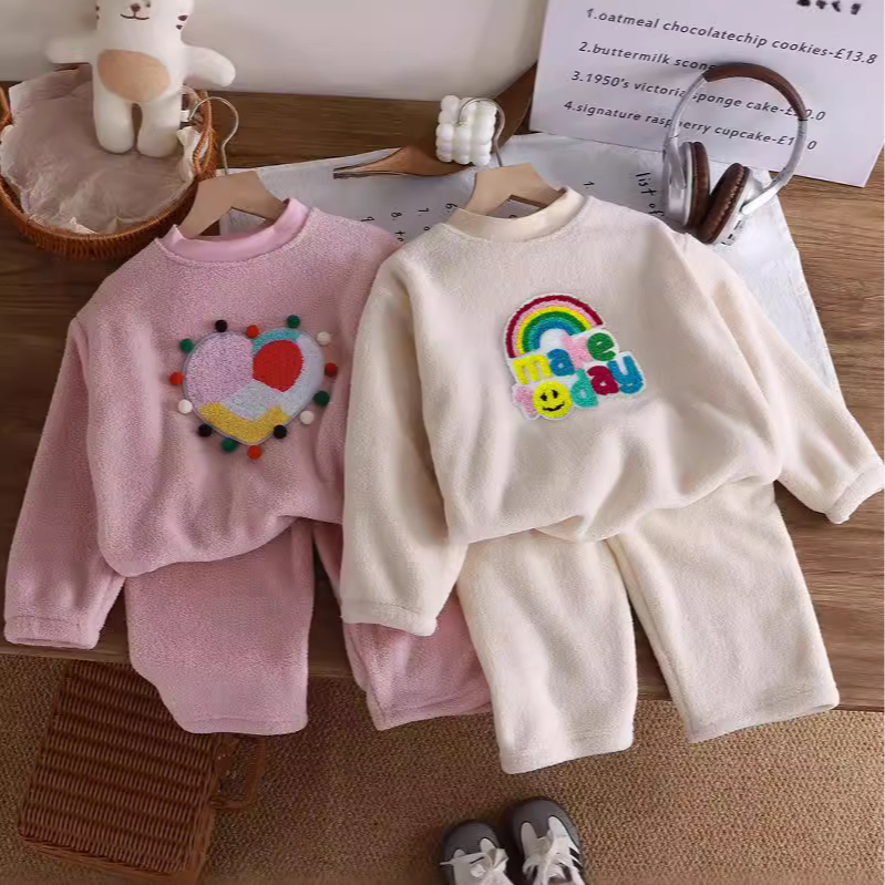 【可可爱爱】秋冬新款加绒加厚儿童睡衣男女童韩版保暖家居服套装