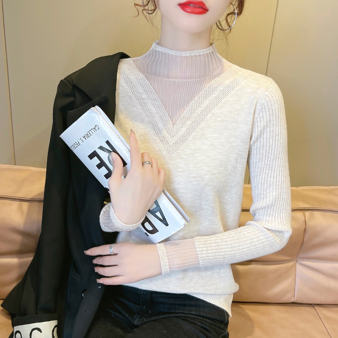 春秋洋气新款女装气质蕾丝拼接半高领打底针织衫套头女士