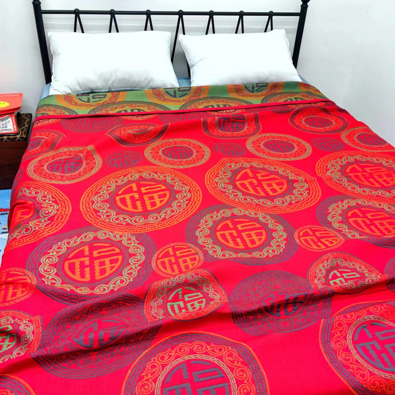 中国红百福双人可铺可盖加大细纱精梳棉大床盖毯多功能轻奢四季毯