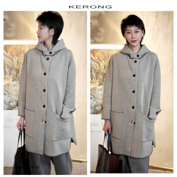 100%山羊绒KR【2024重磅连帽人字纹大衣】秋冬宽松针织百搭大衣女士