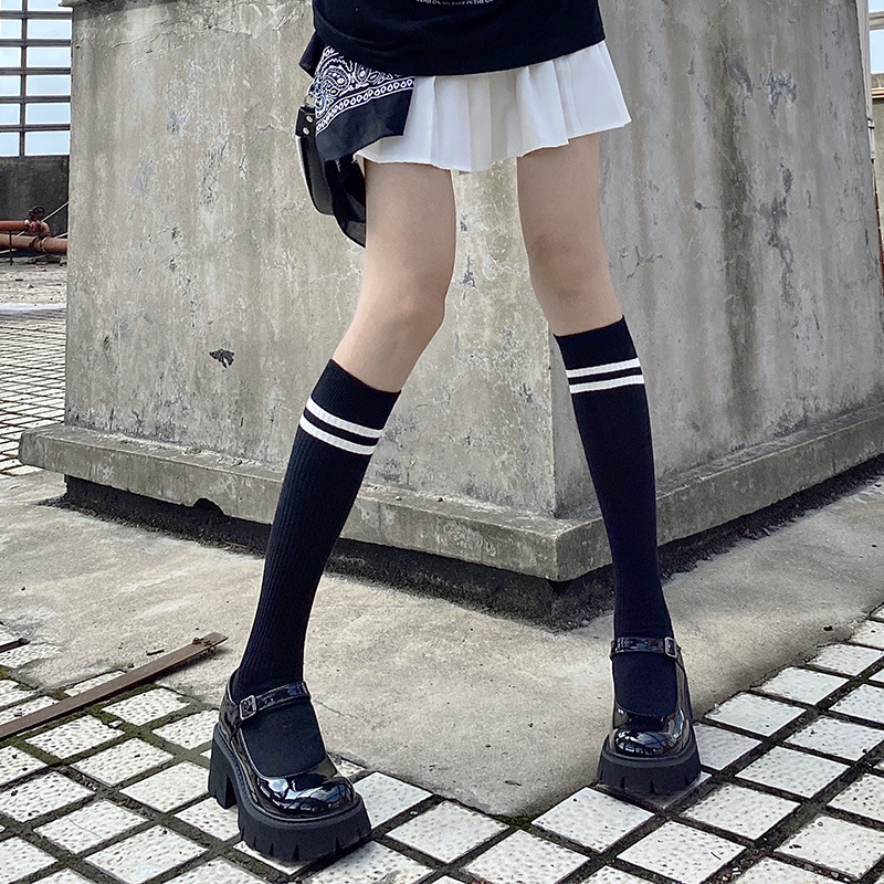 黑色小腿袜女秋季学生学院风运动中筒袜春秋日系半截jk棒球长袜子