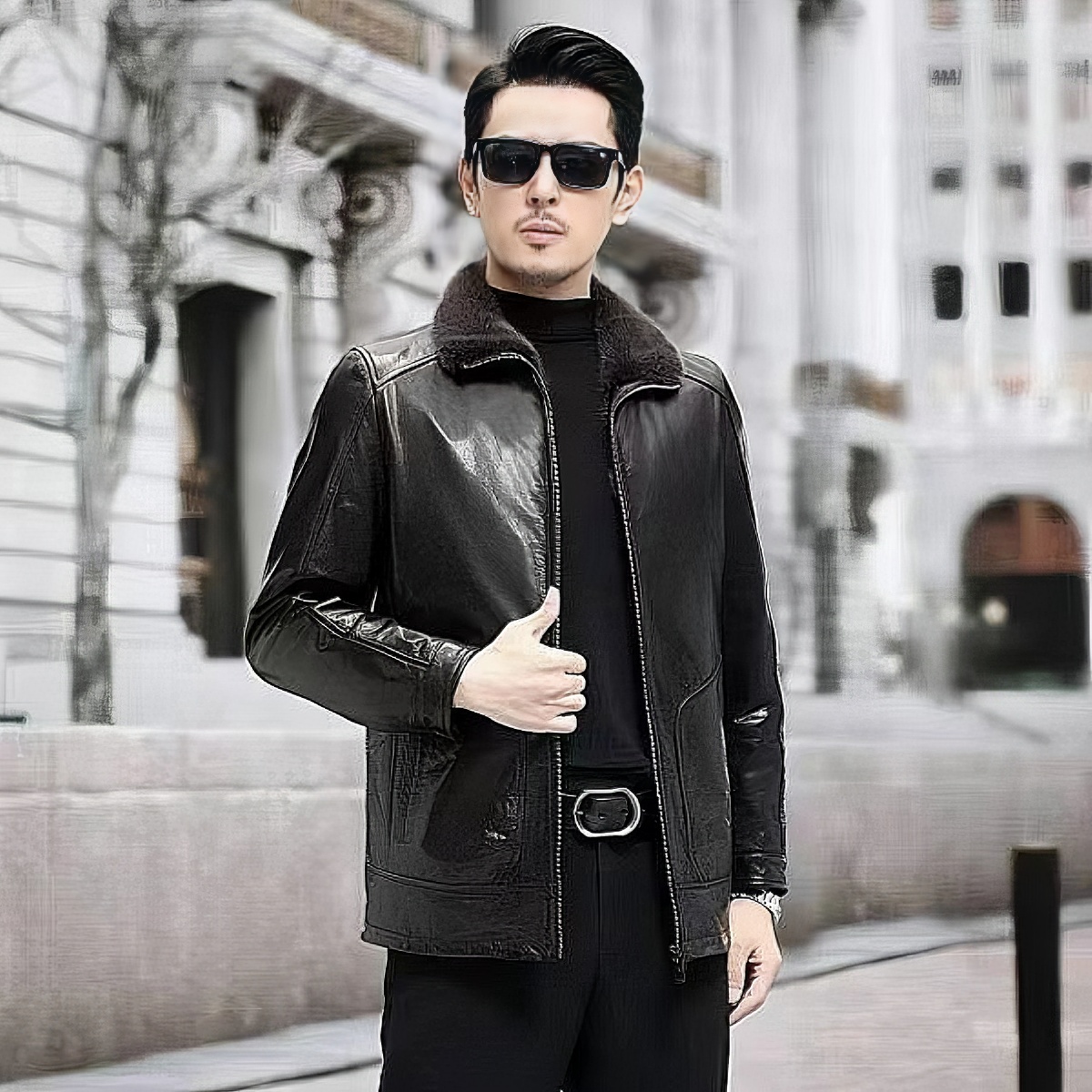 高端油蜡小黄牛皮托斯卡纳羊羔毛内里男式立翻领真皮秋冬保暖外套