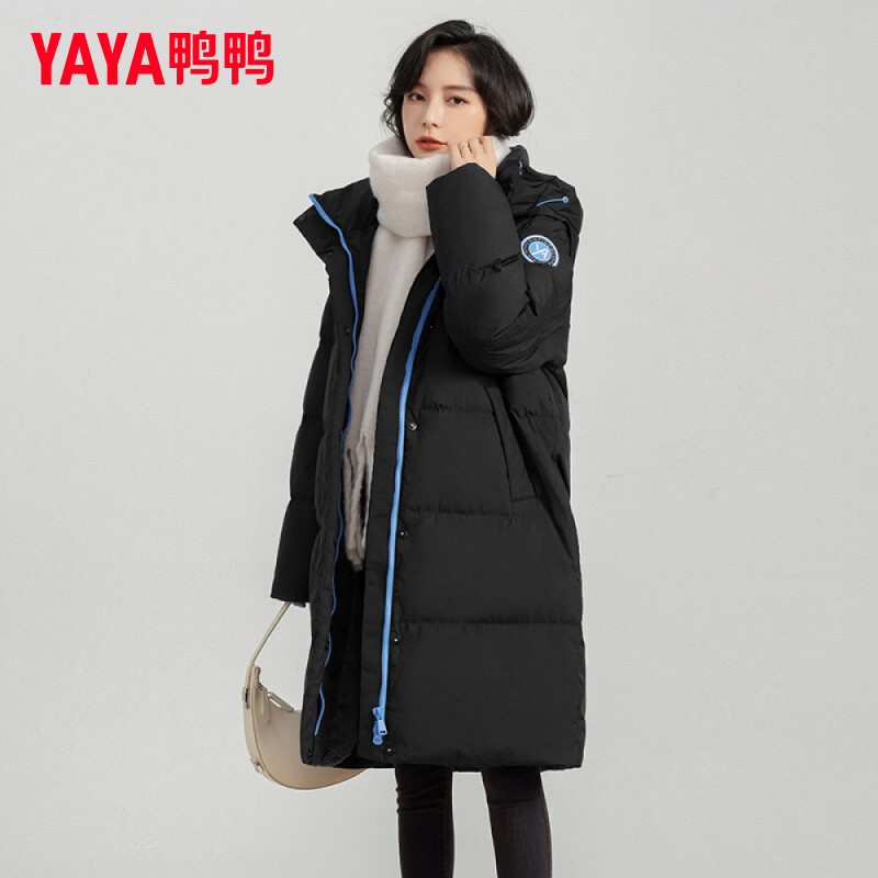 YAYA/鸭鸭冬季新款连帽加厚中长款羽绒服女宽松防泼水防风运动外
