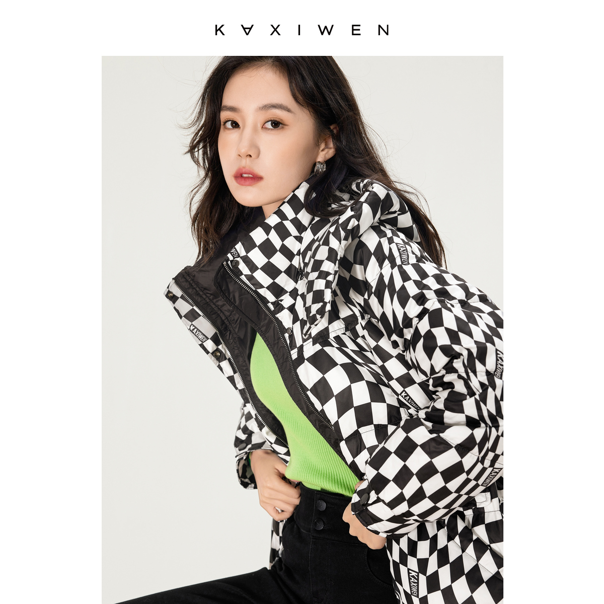 【达人专属】立领中长款复古格纹羽绒服外套女X10BYE8170