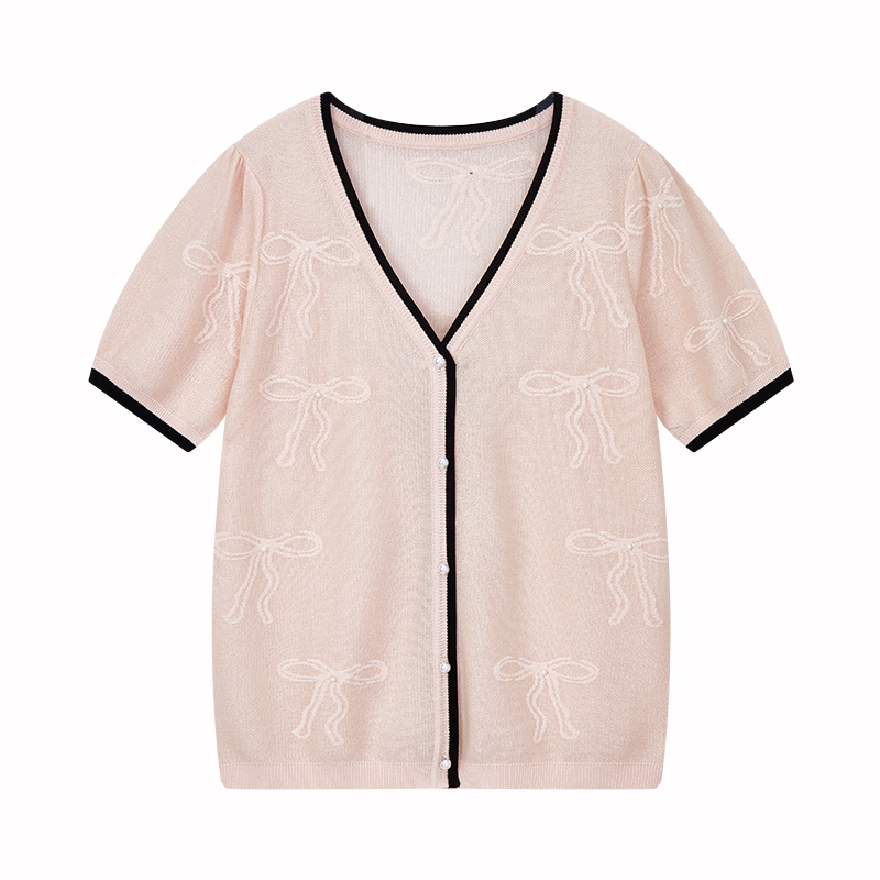 【柠檬专属】蝴蝶结提花撞色针织衫S6546