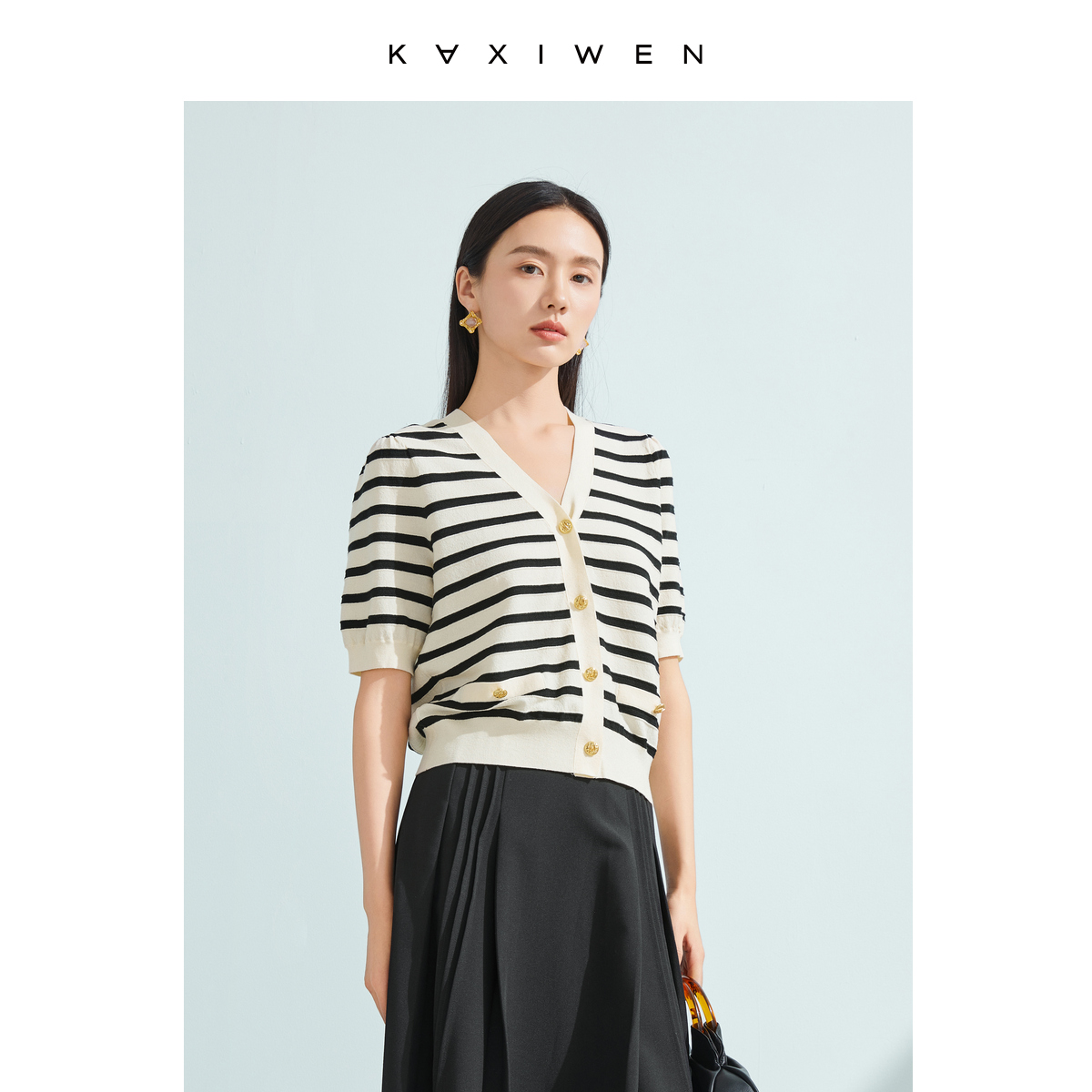 【喵姐严选】薄款条纹针织衫复古V领撞色短袖上衣X03AWS2508