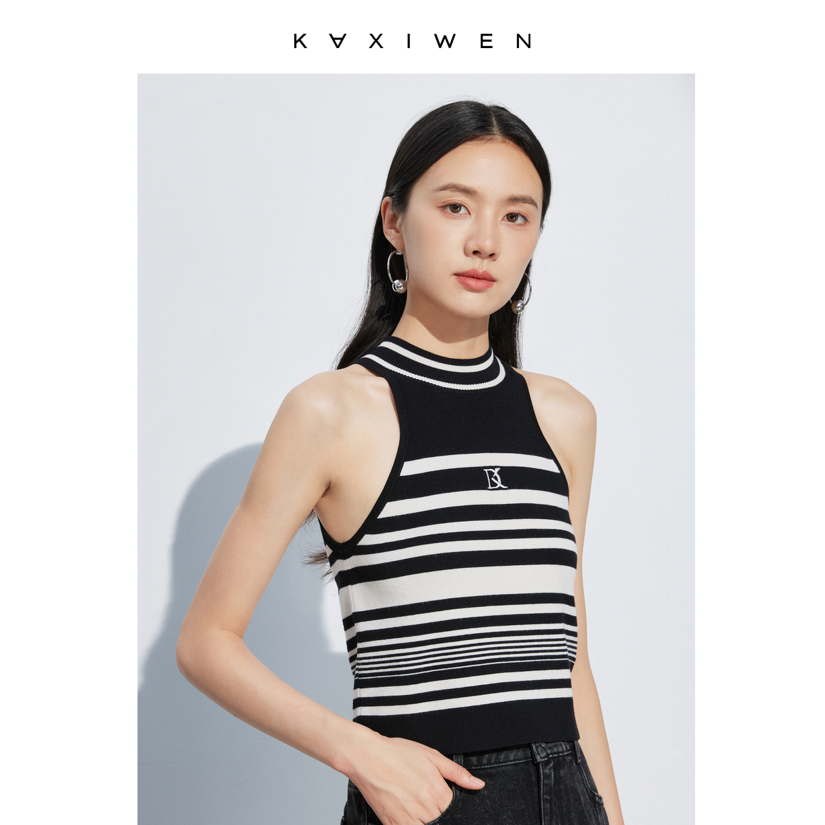 【念一】时尚LOGO绣花辣妹条纹背心修身女打底X07AZS3510
