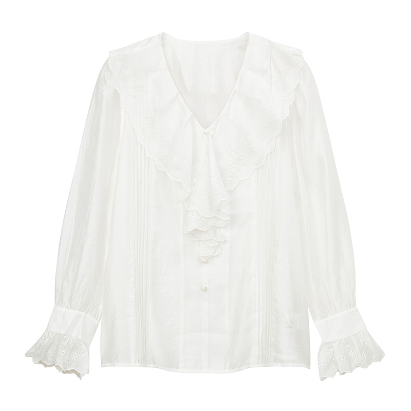 【小铃铛】简约衬衣刺绣高级感V领木耳边压褶小衫S1199