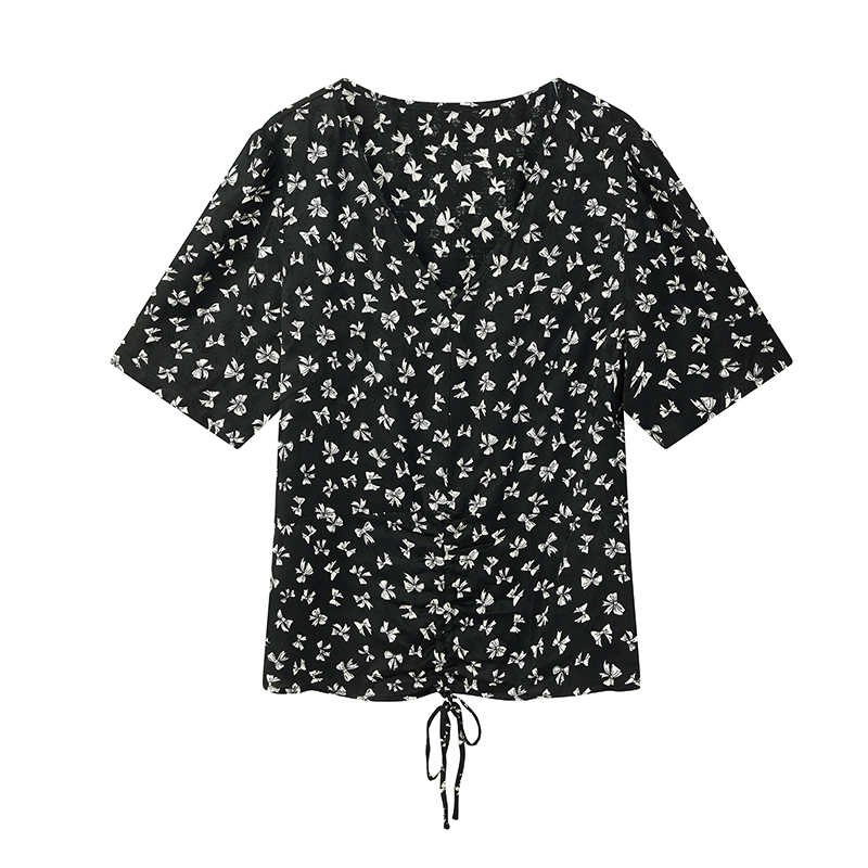 【柠檬专属】V领复古高级感小衫蝴蝶结印花抽绳短上衣S2263