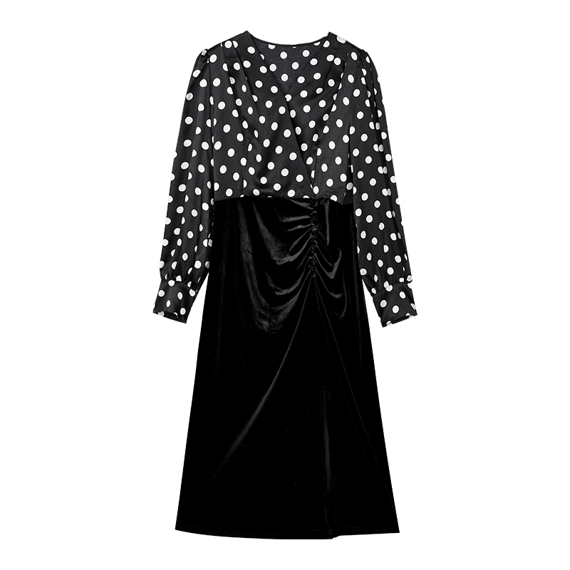 【达人专享】复古波点时尚拼接连衣裙高腰气质裙子N1125