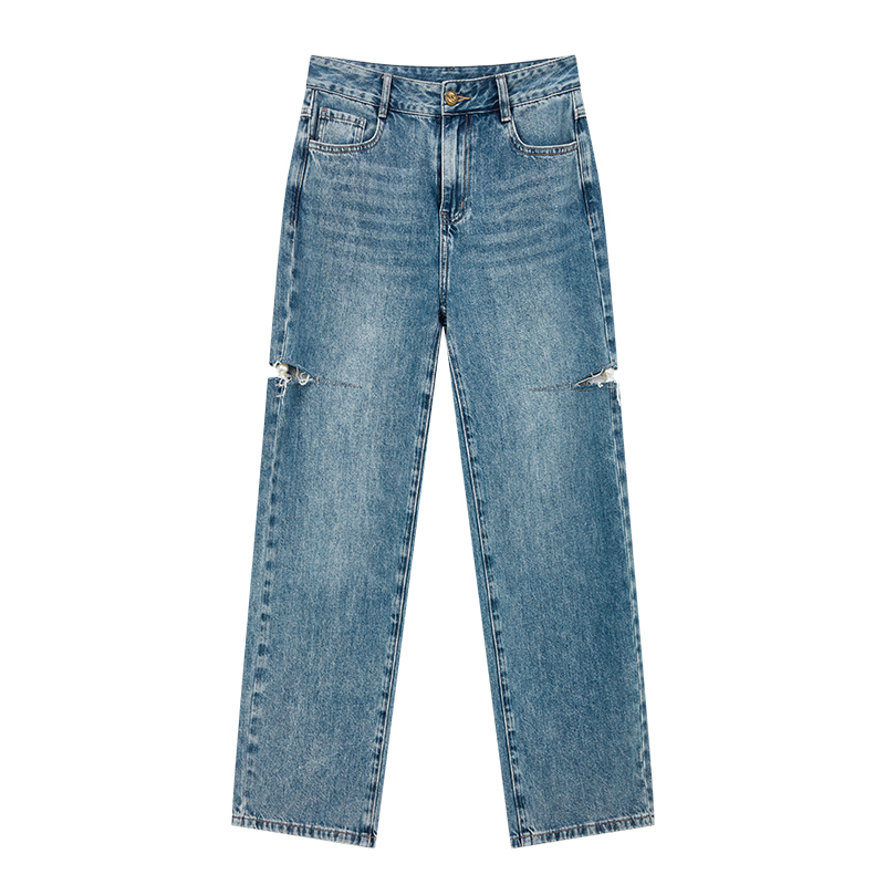 【达人专享】复古珍珠破洞直筒裤子S1621