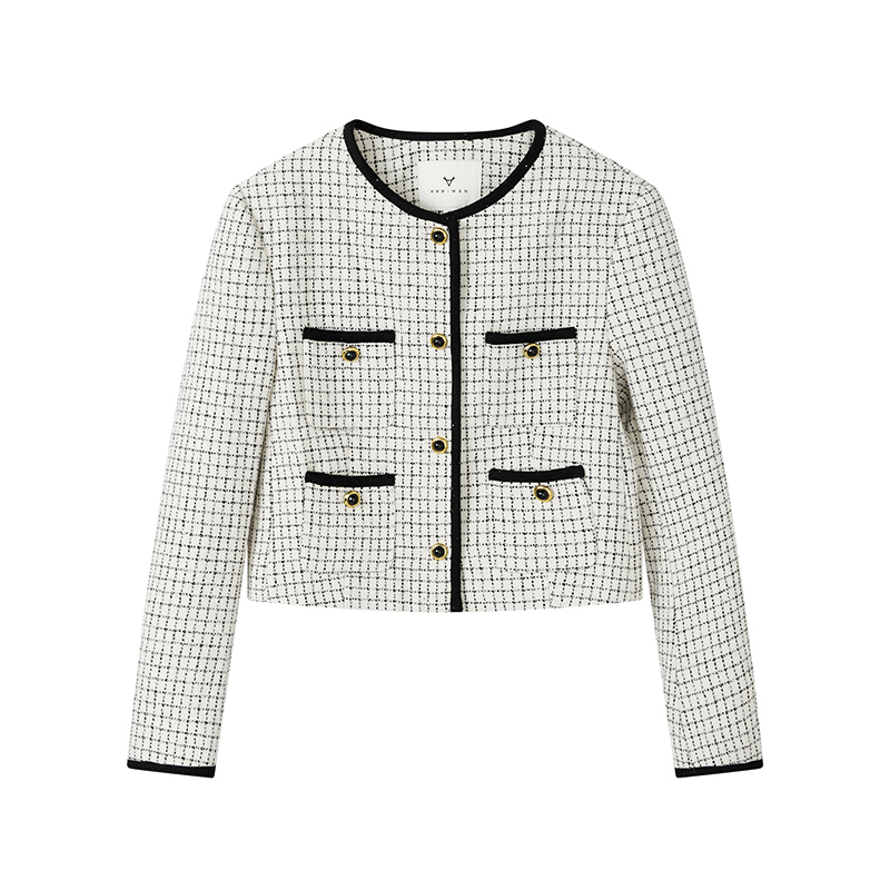 【达人专属】复古圆领撞色格纹小香风外套N1113