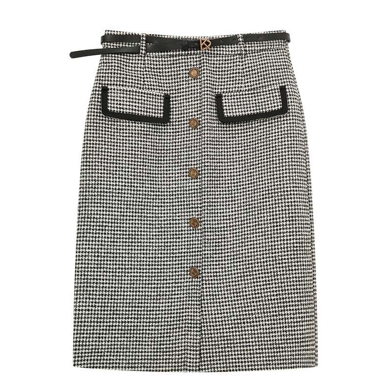 【CC专属】摩登复古千鸟格中长款直筒裙子S1249
