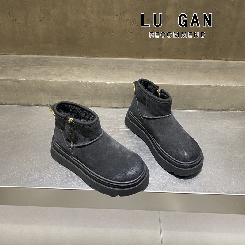 小个子厚底雪地靴女2023冬加厚保暖侧拉链短靴圆头复古增高棉靴子