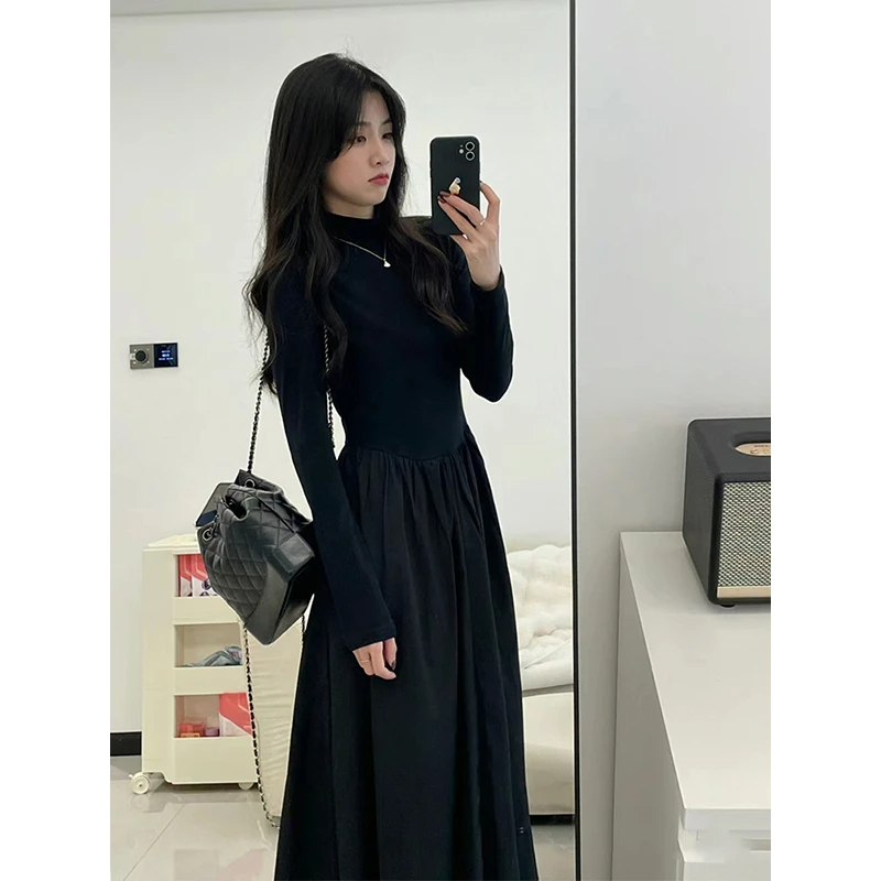 A110#法国小众独特ins存在感连衣裙优雅慵懒打底小黑裙2025年春款