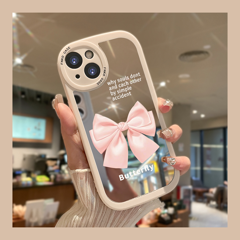 【适用于苹果/华为/vivo/oppo/小米】粉色大蝴蝶结镜面白色手机壳