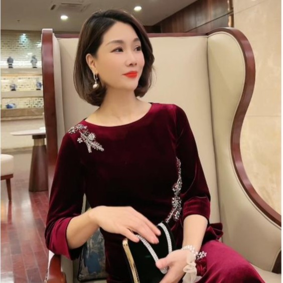 0032喜妈妈新中式连衣裙金丝气质高端秋冬红色长款显瘦时尚连衣裙
