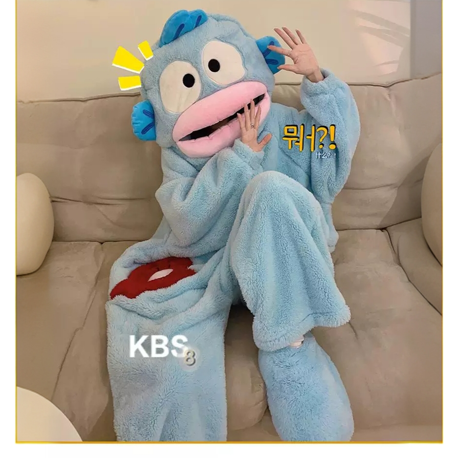 搞怪情侣连体睡衣男女冬季加厚珊瑚绒卡通丑鱼大码睡袋毛绒家居服