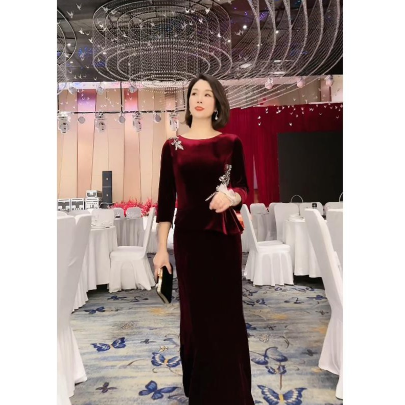 0032-金丝绒气质高端秋冬长款显瘦时尚连衣裙喜妈妈礼服旗袍网红