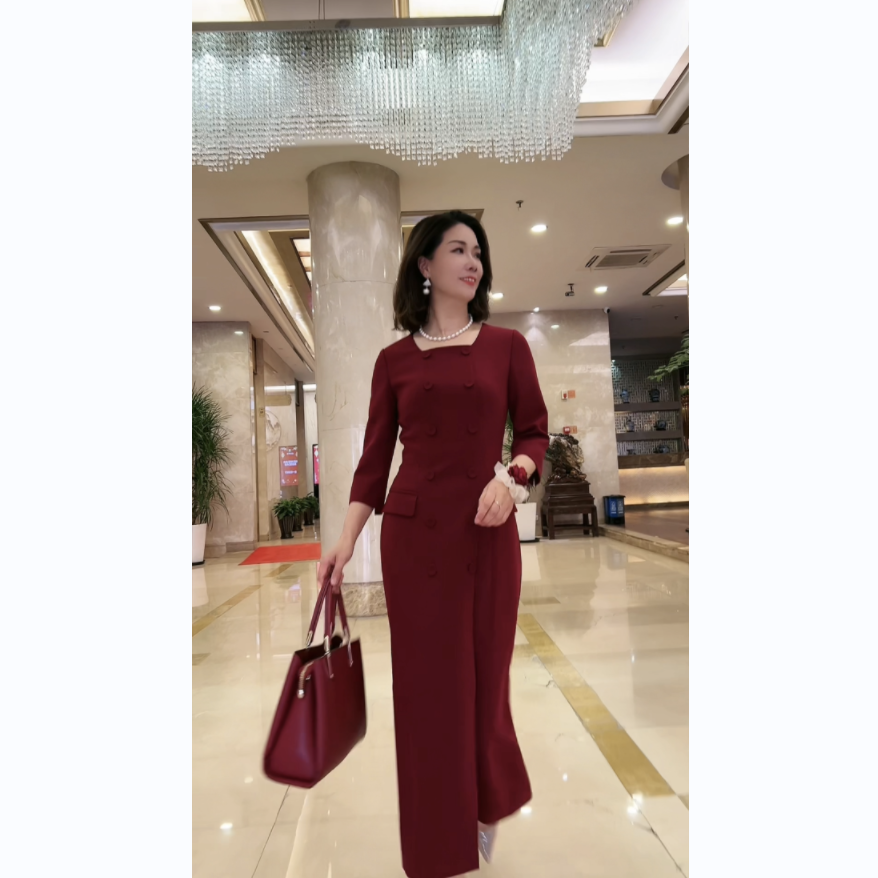 0037-11喜妈妈喜婆婆轻奢时尚a字连衣裙显瘦气质两色礼服纯色法式