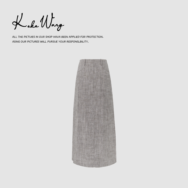KOKO WANG亚麻混纺高级感通勤百搭开叉半身裙042343L23H41-2