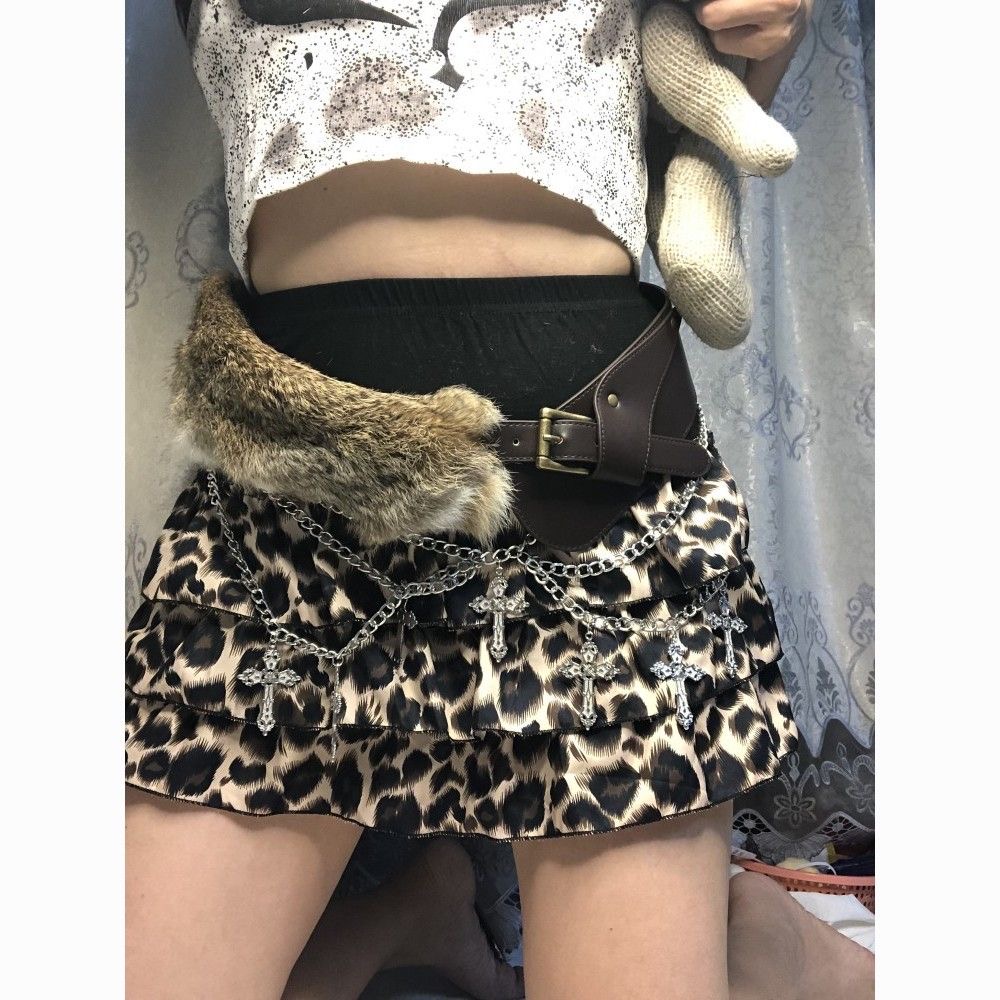 原创设计豹纹亚文化仿皮毛腰带秋冬废土美式腰封涩谷辣妹腰链配饰