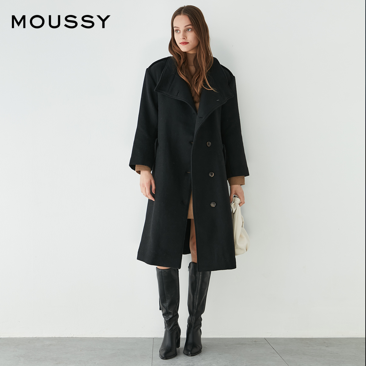 【陈嘉尔专属】MOUSSY 秋冬长款系带毛呢大衣010EAK30-5910