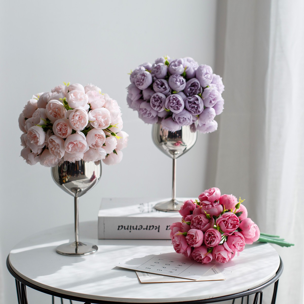 轻奢塑料仿真花束玫瑰假花摆件高脚杯绢花餐桌套装鲜花花摆设