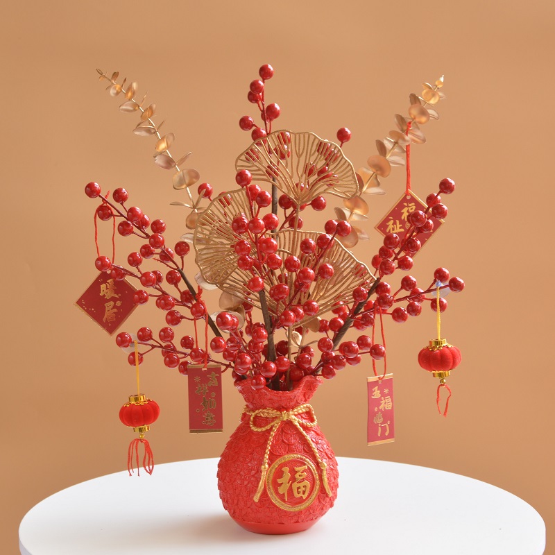 红果福袋花瓶摆件客厅招财发财果插花装饰乔迁店铺收银台开业礼品