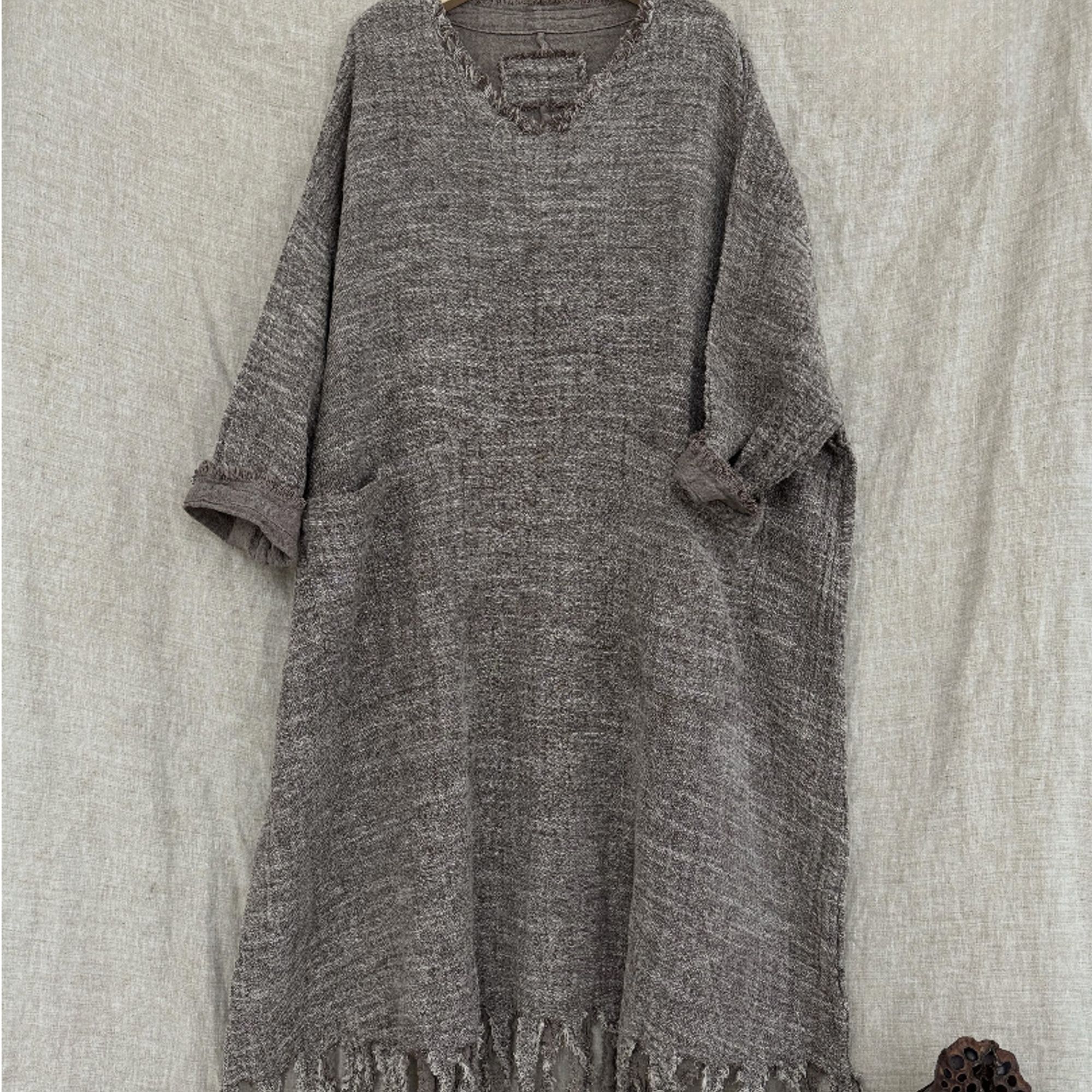 经典袍 。色织麻  下摆流苏套头连衣裙