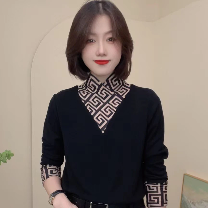 秋冬季新款加绒假两件拼接百搭长袖休闲T恤气质显瘦女士修身小衫