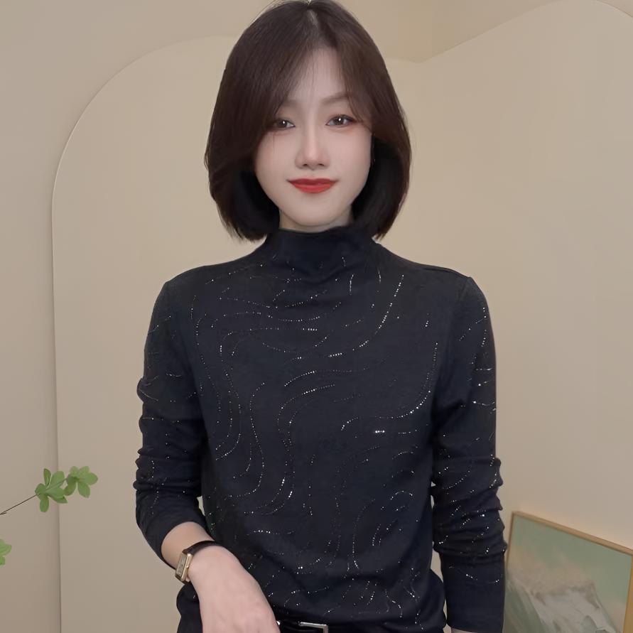 2024秋季新款半高领纯色百搭烫钻长袖休闲T恤气质女士修身小衫