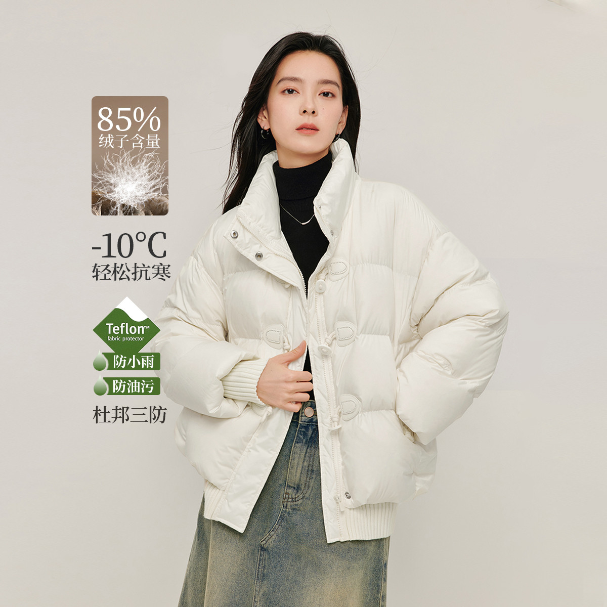 【陈陈专属】茵曼商城同款冬季时尚毛绒拼接中长款羽绒服鸭绒连帽