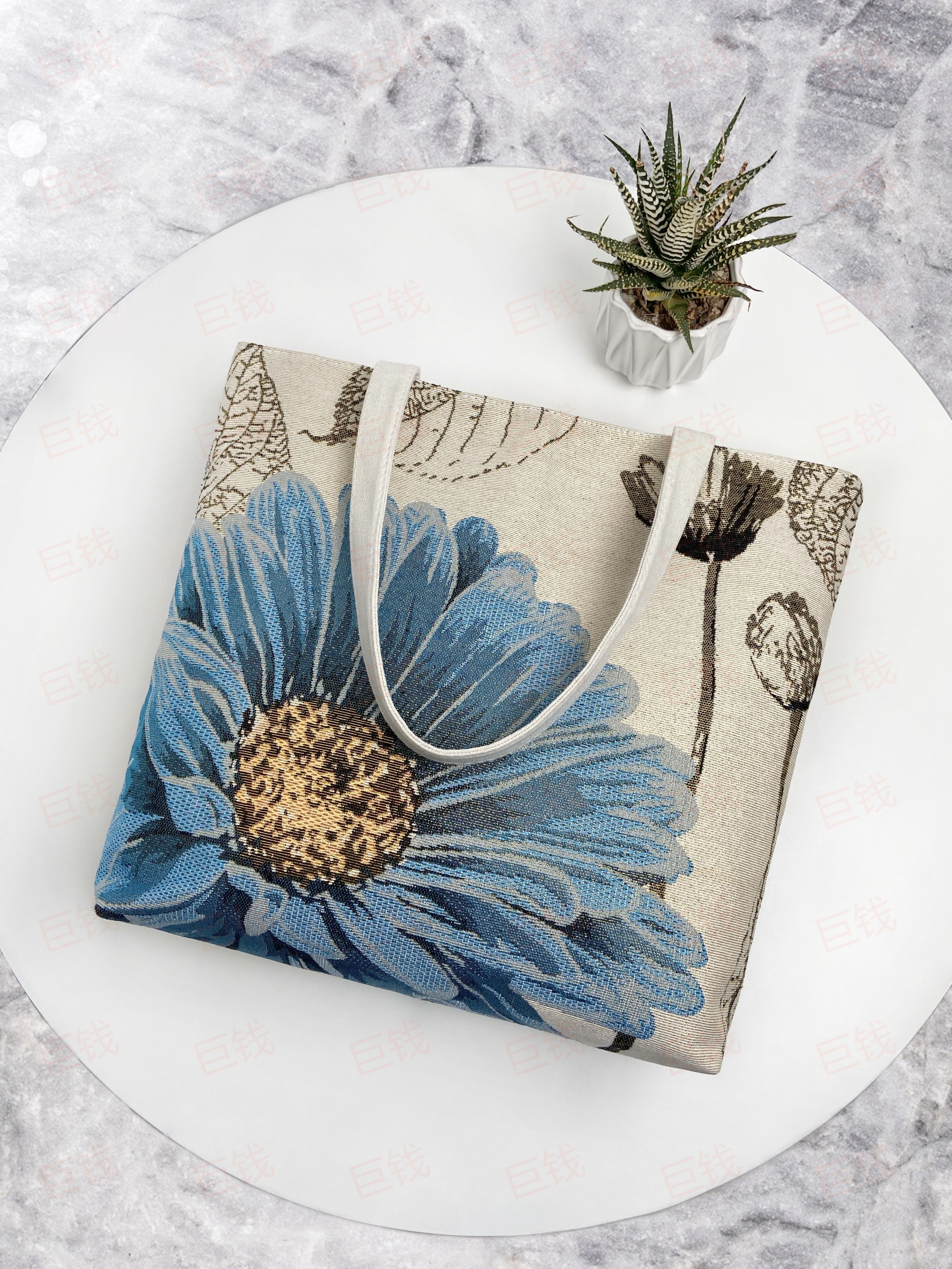 蓝色金丝花开双面金丝刺绣时尚百搭简约手提单肩包复古古风文艺