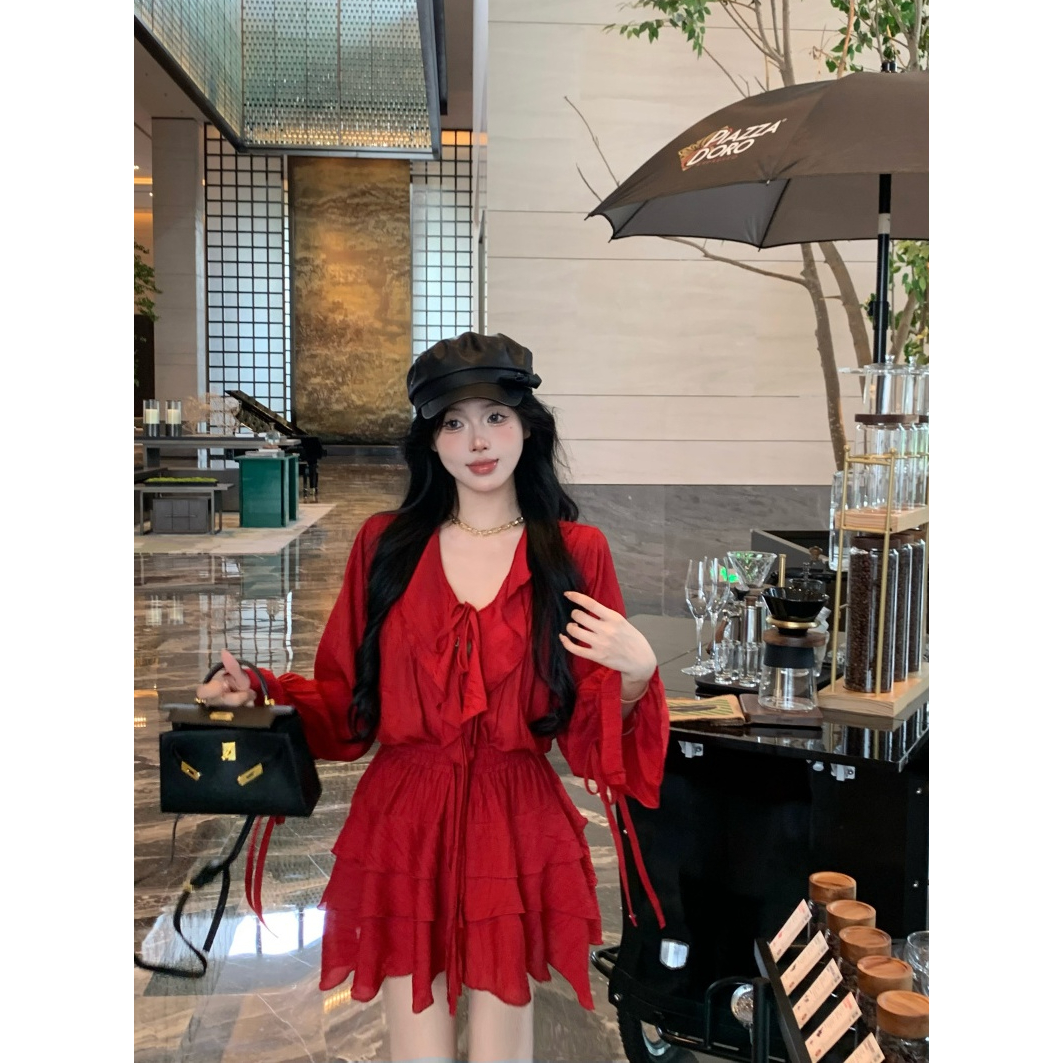 夏季红色荷叶边套装系带V领网红洋气上衣短款百褶半裙