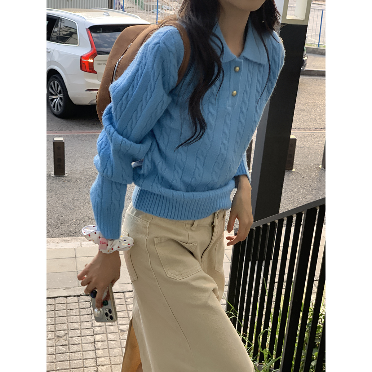 秋冬软糯多巴胺Polo领套头麻花克莱因蓝毛衣女新款百搭甜美针织衫