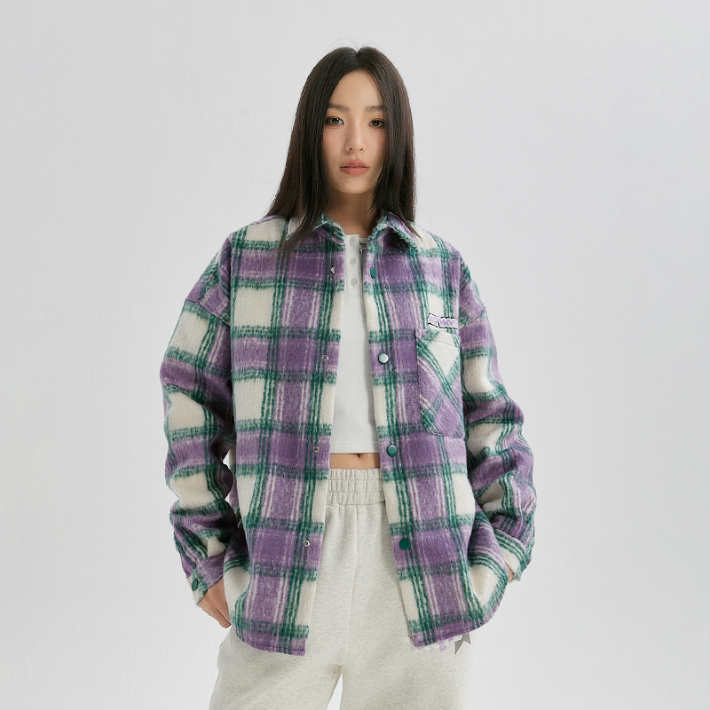 YKYB23秋冬新男女洋气中性款拉绒格子拼接摇粒绒厚外套Y34NMY012