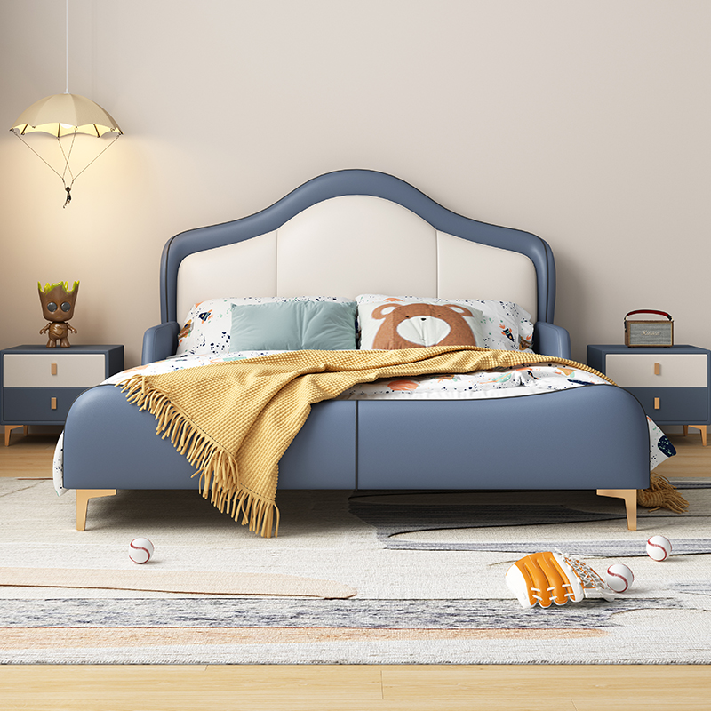 儿童床男孩王子床软包实木皮艺男生床轻奢真皮男童半护栏床单人床