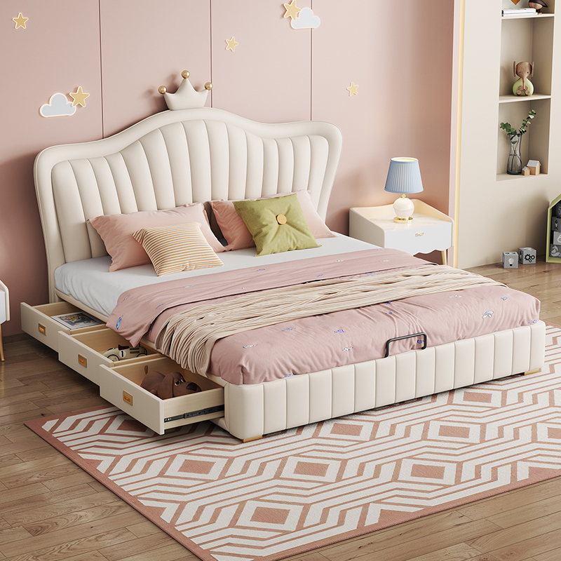 儿童床皇冠女孩奶油白抽屉床1.8m简约现代女生真皮实木公主床