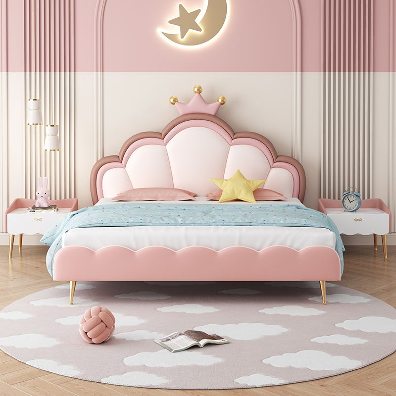 粉色皇冠儿童床女宝梦幻公主头层真皮全实木床可爱儿童软包床