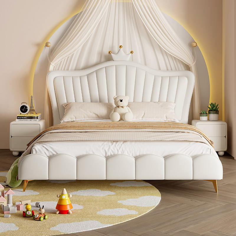 儿童皇冠公主1.5软包皮床儿童房女孩公主新款床奶油风白色皇冠床