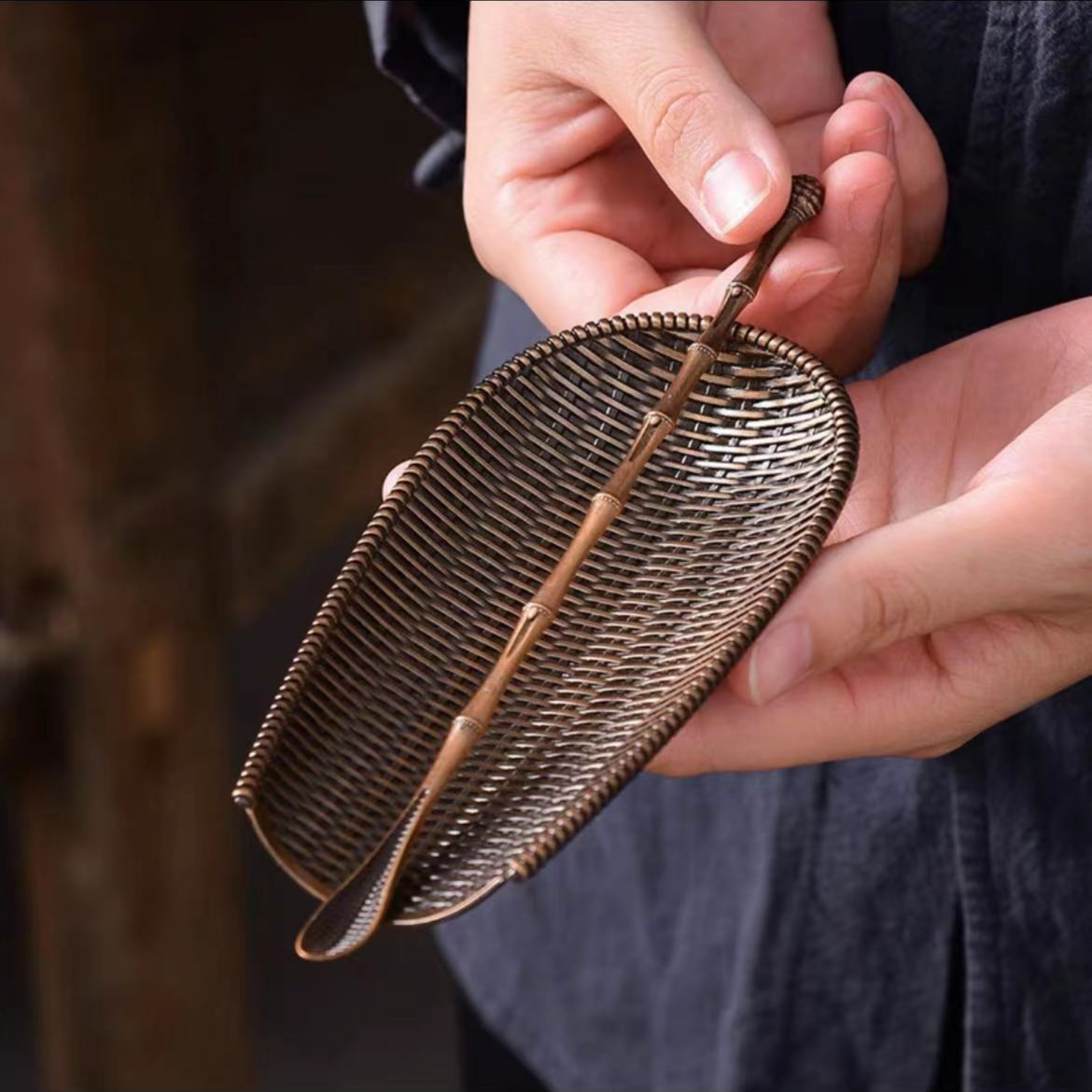 手工合金茶则茶道配件家用分茶简约仿藤纯手工茶具茶道竹制