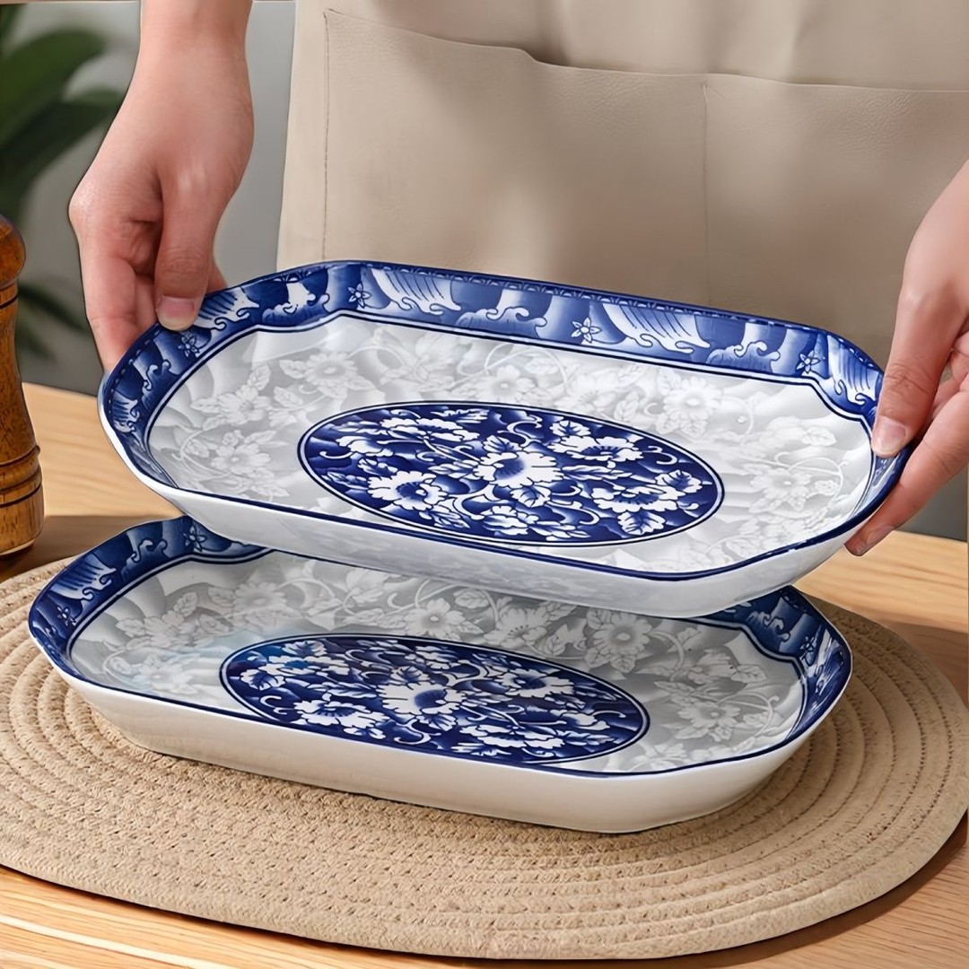 釉下彩鱼盘家用青花瓷清蒸鱼盘长盘高颜值盘子大号红烧鱼陶瓷餐具