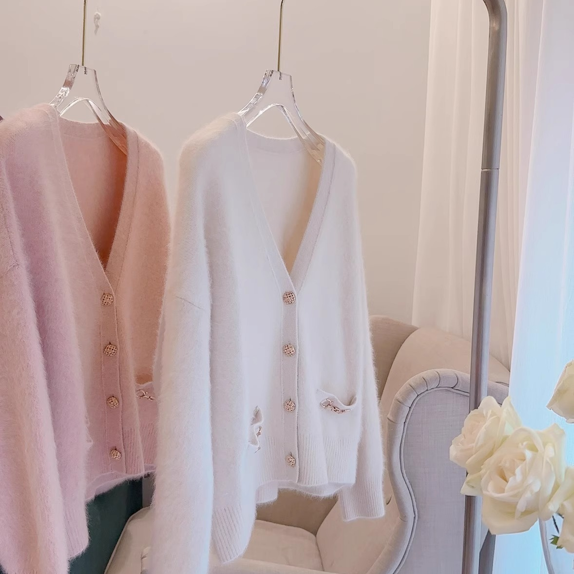 早春新款糖果色狐狸绒小香风开衫外套女春夏粉色白色小巧打底衫