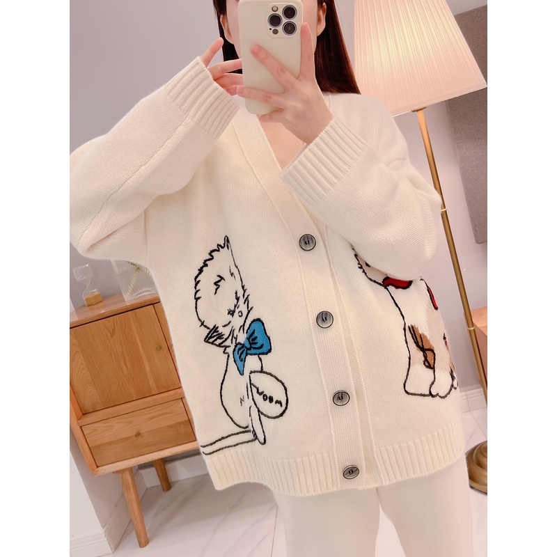 新品开衫100%山羊绒毛衣手工猫咪刺绣羊绒外套中厚款