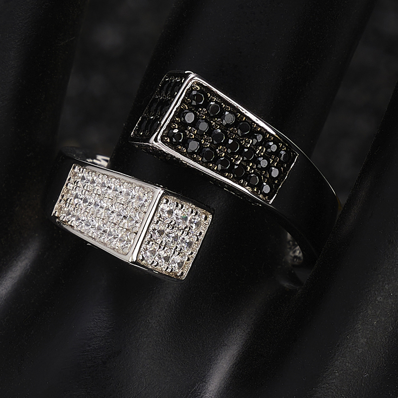 925银合成锆石戒指 梁雅帝专属新品黑白满钻立体错层交叉纯银戒指