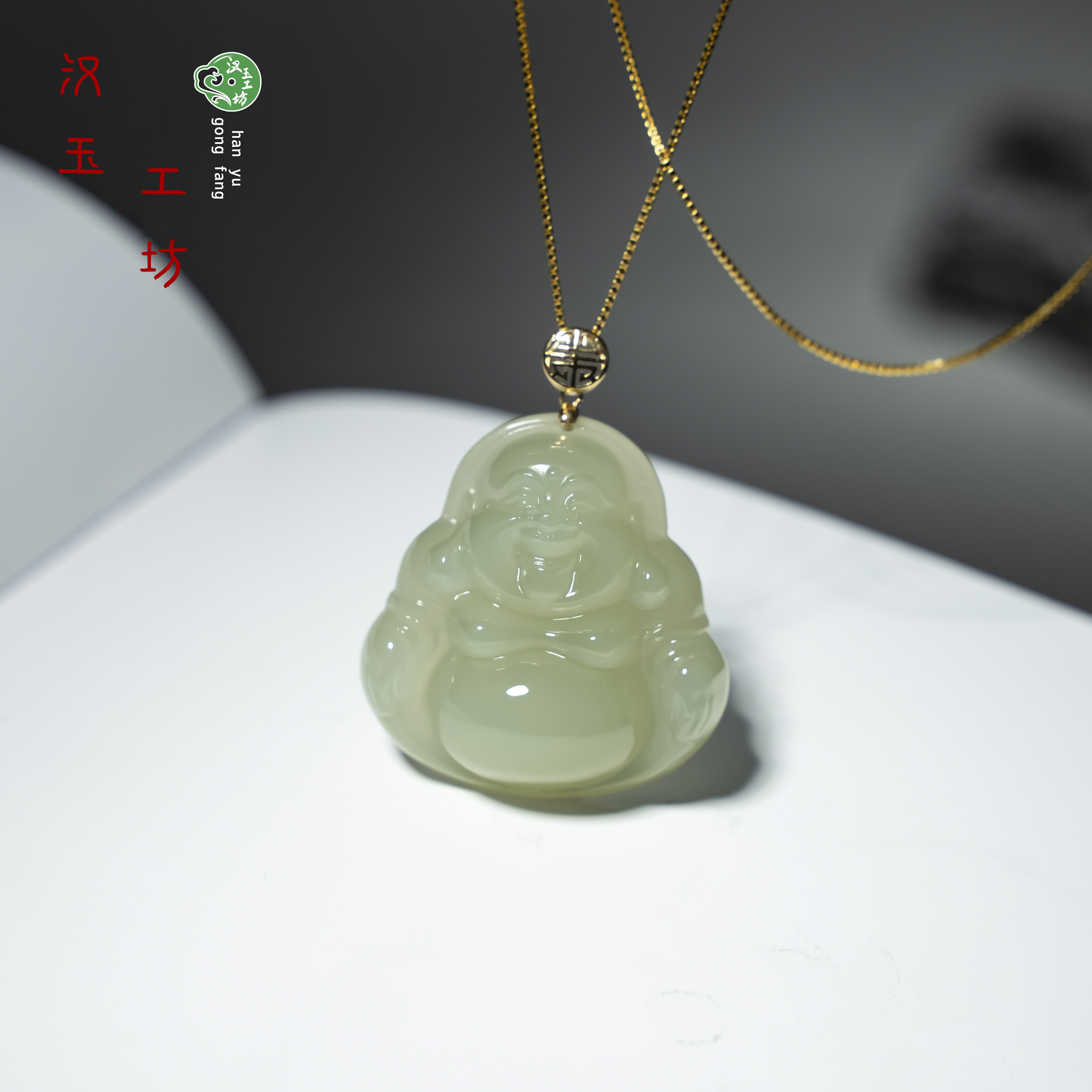 汉玉工坊 天然和田玉正品18K金镶嵌晴水料佛公吊坠 颜色多样性发1