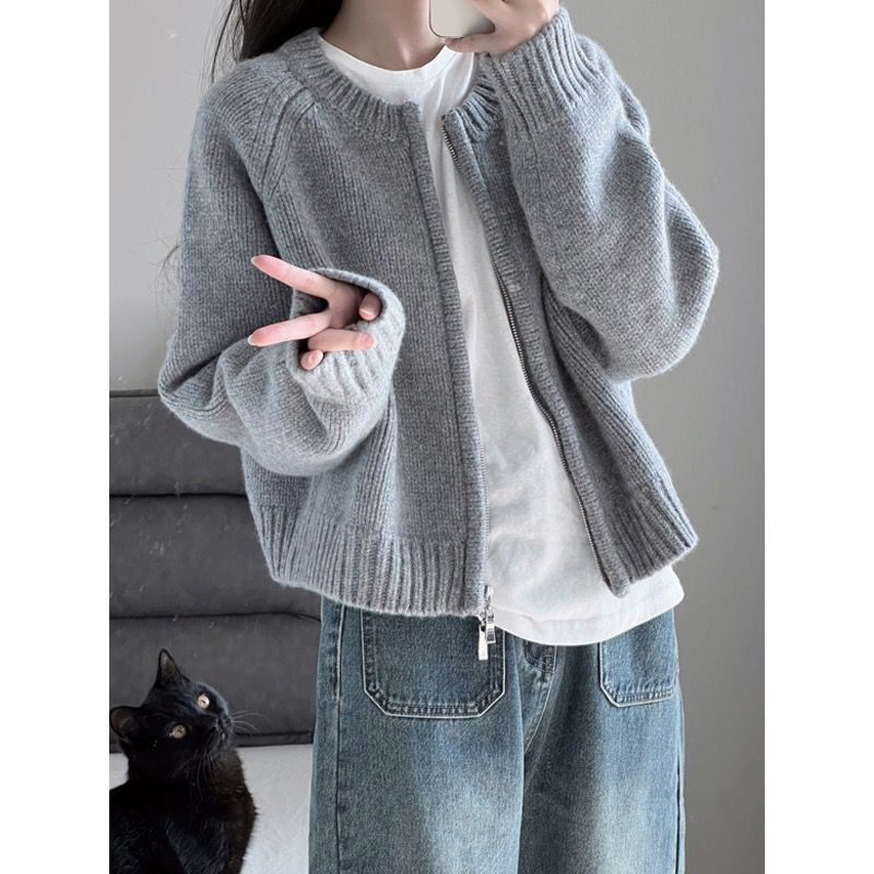 灰色短款毛衣外套女春秋新款宽松百搭慵懒拉链开衫针织衫上衣女