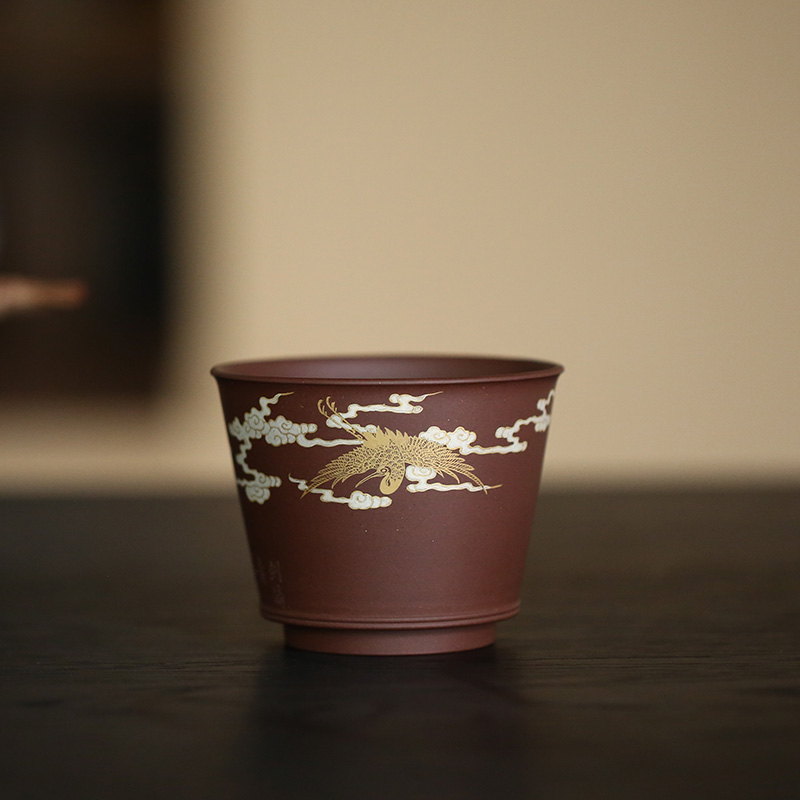 杯研所 | 金樽杯 瑞鹤图 老紫泥 245cc 主人杯 金绘 全手工